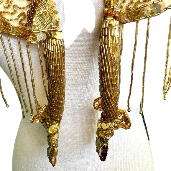 Vintage Heavily Beaded Sequined Lace Gold Tone Frilly Shrug Wrap - Picture 12 of 15